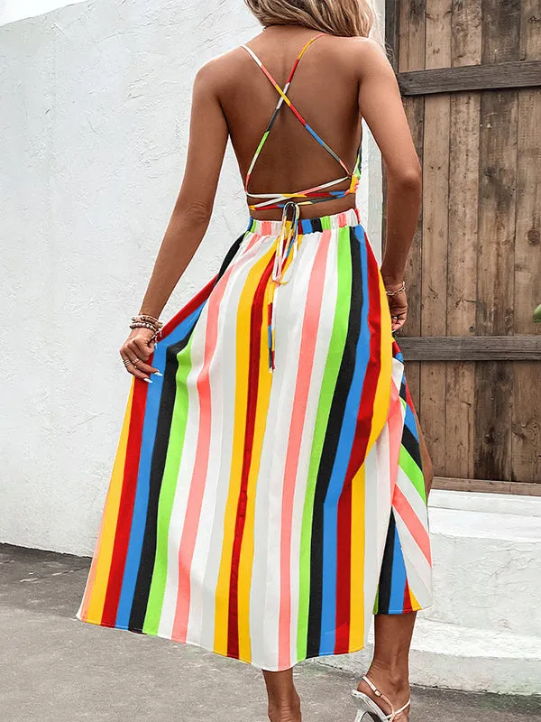 Loose Sleeveless Contrast Color Striped Spaghetti-Neck Midi Dresses