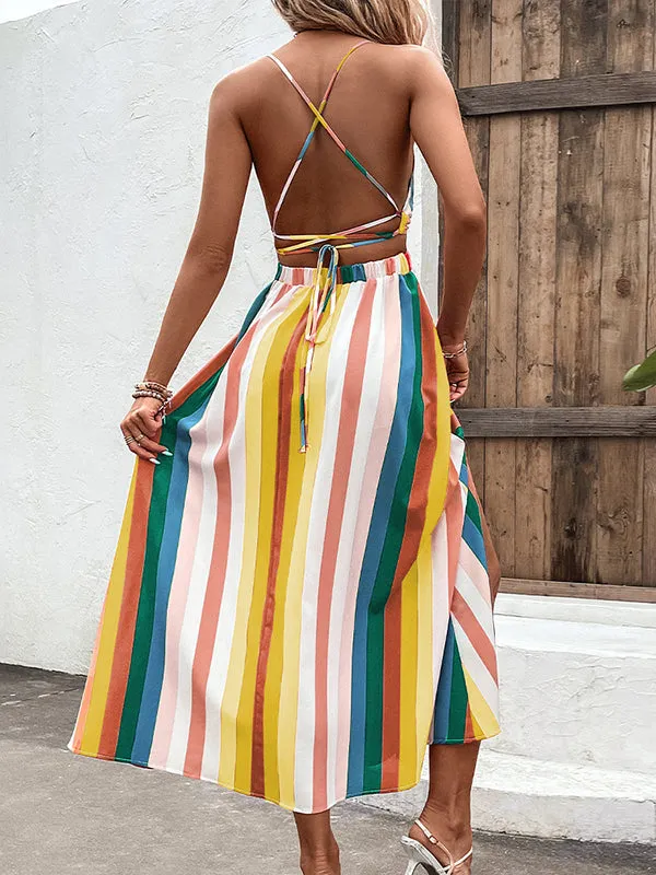 Loose Sleeveless Contrast Color Striped Spaghetti-Neck Midi Dresses