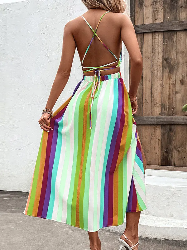 Loose Sleeveless Contrast Color Striped Spaghetti-Neck Midi Dresses