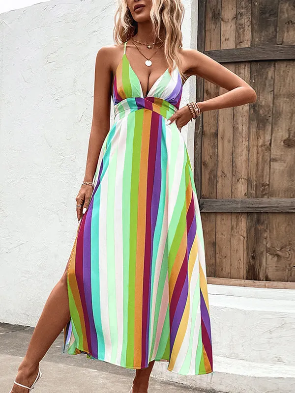 Loose Sleeveless Contrast Color Striped Spaghetti-Neck Midi Dresses