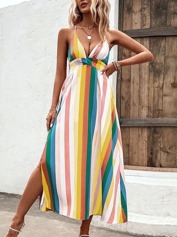 Loose Sleeveless Contrast Color Striped Spaghetti-Neck Midi Dresses