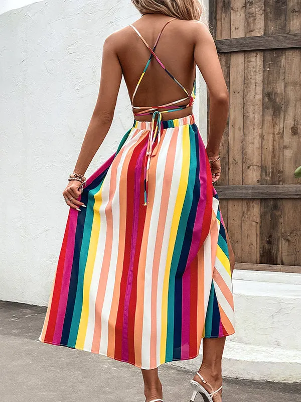 Loose Sleeveless Contrast Color Striped Spaghetti-Neck Midi Dresses