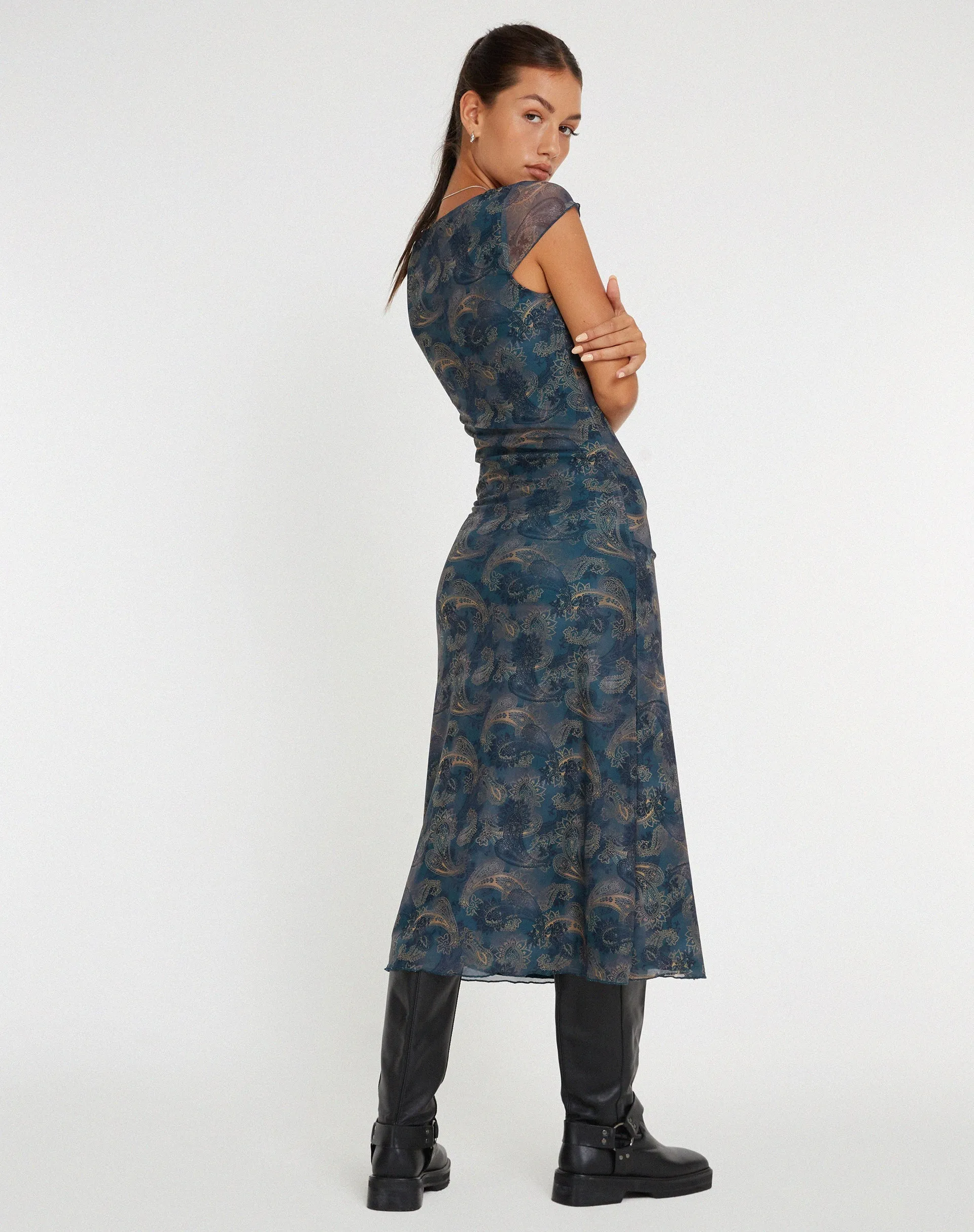 Lunama Mesh Midi Dress in Tonal Blue Paisley