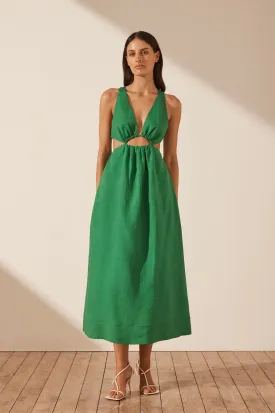 MARE LINEN V NECK CUT OUT MIDI DRESS - TREE GREEN