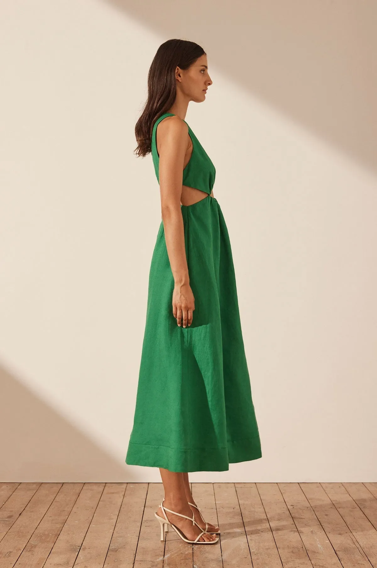 MARE LINEN V NECK CUT OUT MIDI DRESS - TREE GREEN