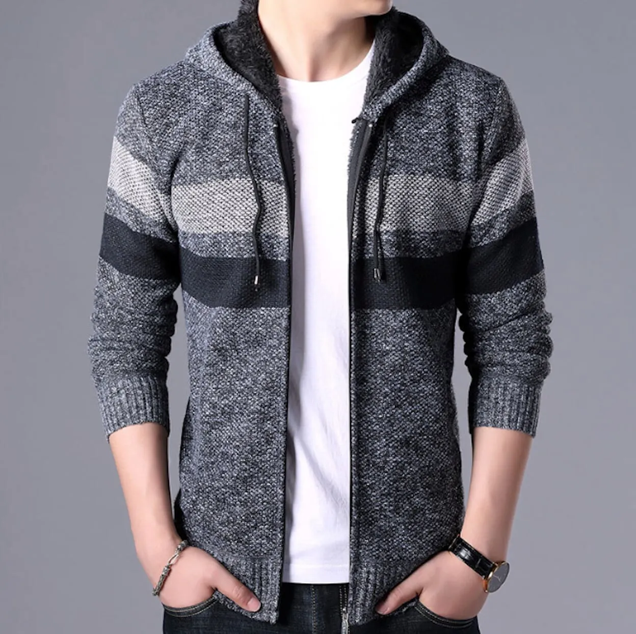 Mens Striped Knit Cardigan with Hood