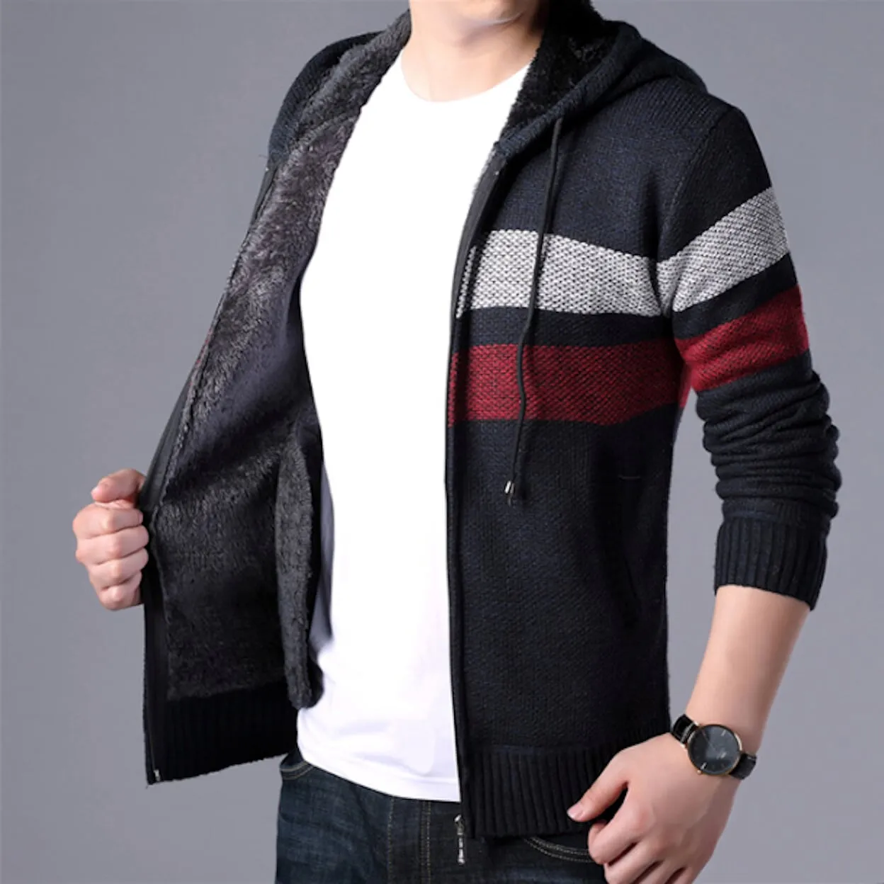 Mens Striped Knit Cardigan with Hood