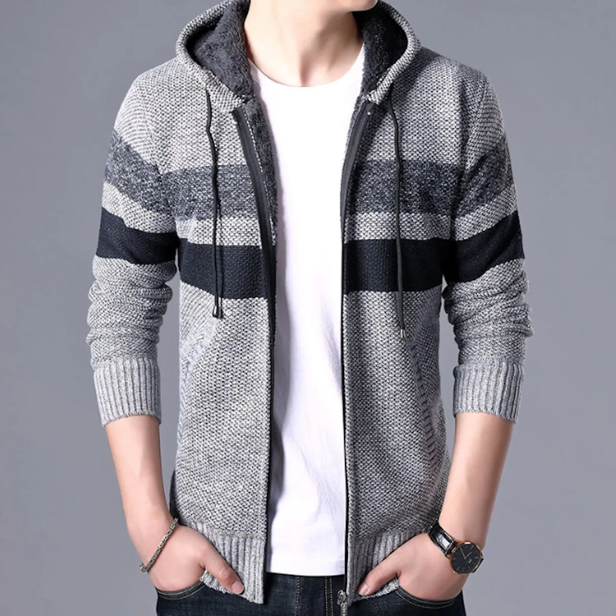 Mens Striped Knit Cardigan with Hood