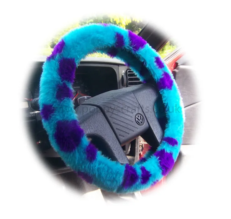 Monster Spot fuzzy Car Steering wheel cover & matching faux fur seatbelt pad set