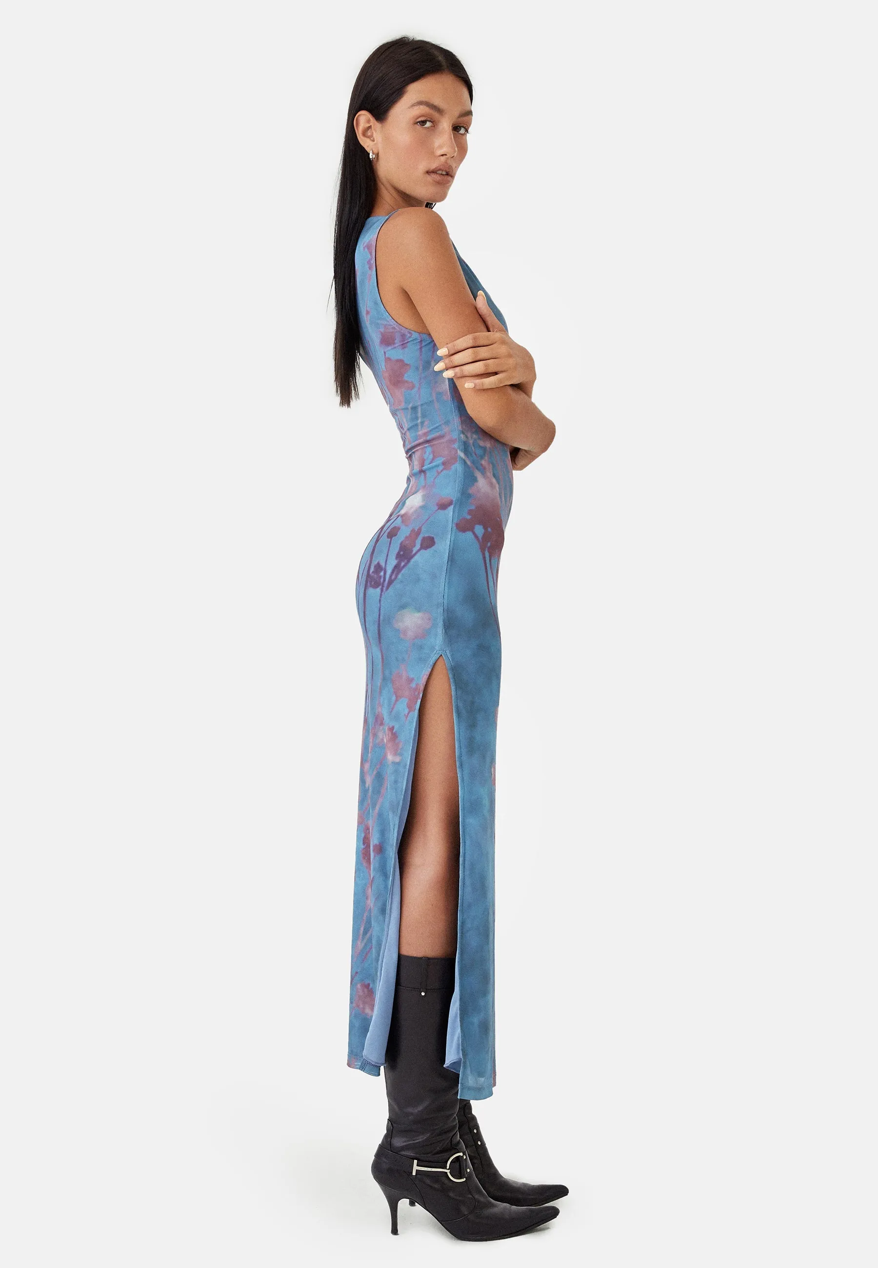 MOTEL X JACQUIE Flo Midi Dress in Lumen Mesh Blue