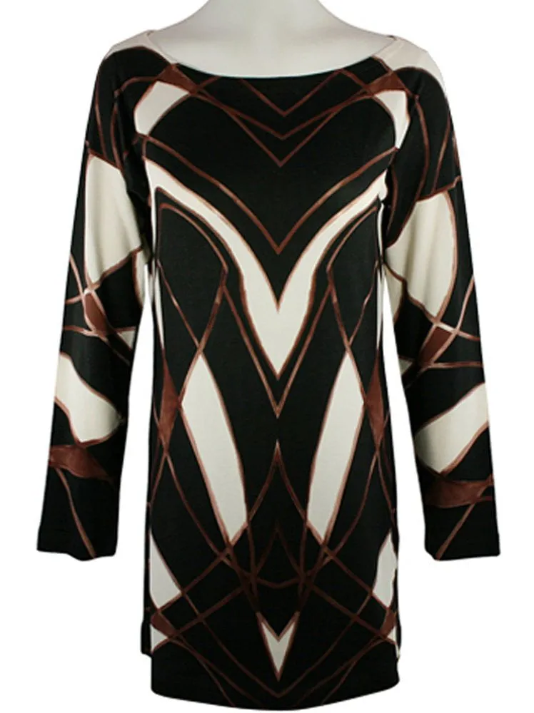 Nally & Millie - Centered, Geometric Pattern, Long Sleeve, Boat Neck Tunic