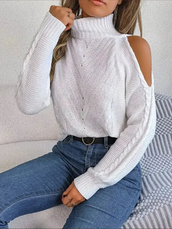 New women’s off-the-shoulder turtleneck hollow-out long-sleeved knitted pullover sweater