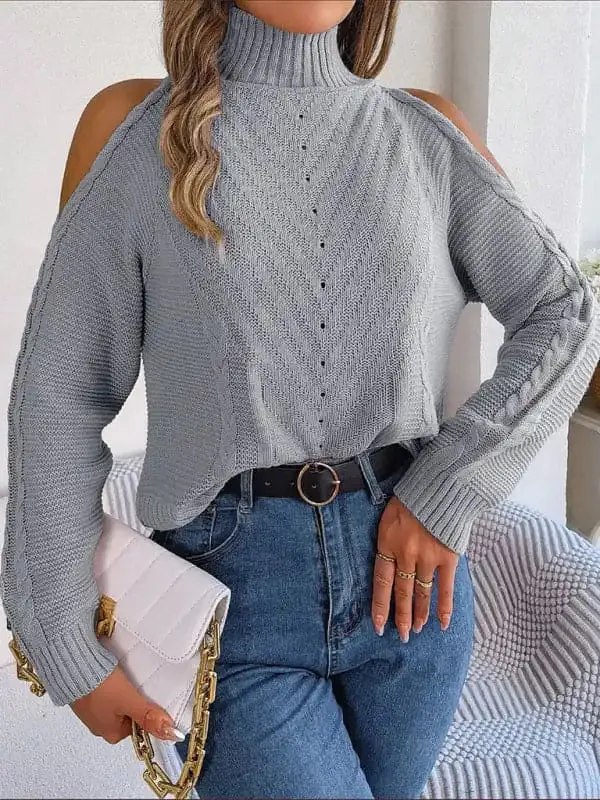 New women’s off-the-shoulder turtleneck hollow-out long-sleeved knitted pullover sweater