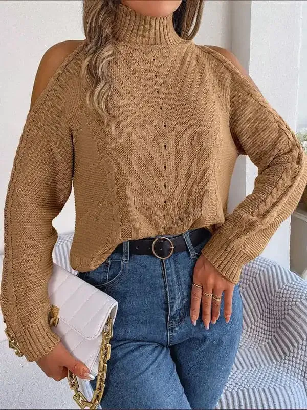 New women’s off-the-shoulder turtleneck hollow-out long-sleeved knitted pullover sweater