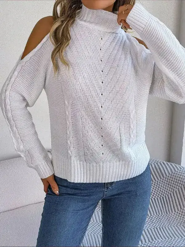 New women’s off-the-shoulder turtleneck hollow-out long-sleeved knitted pullover sweater