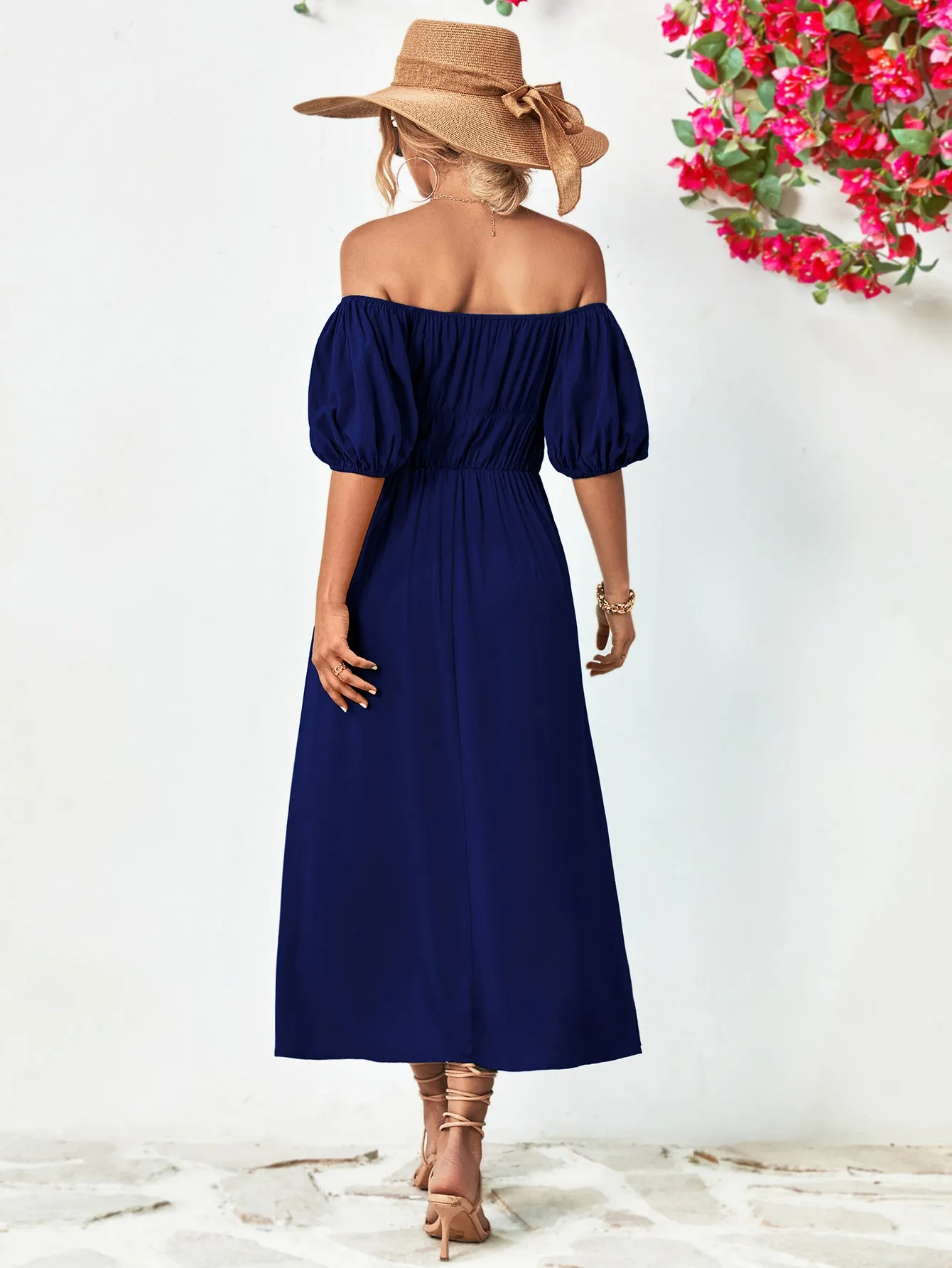 Off-Shoulder Balloon Sleeve Midi Dress - colors