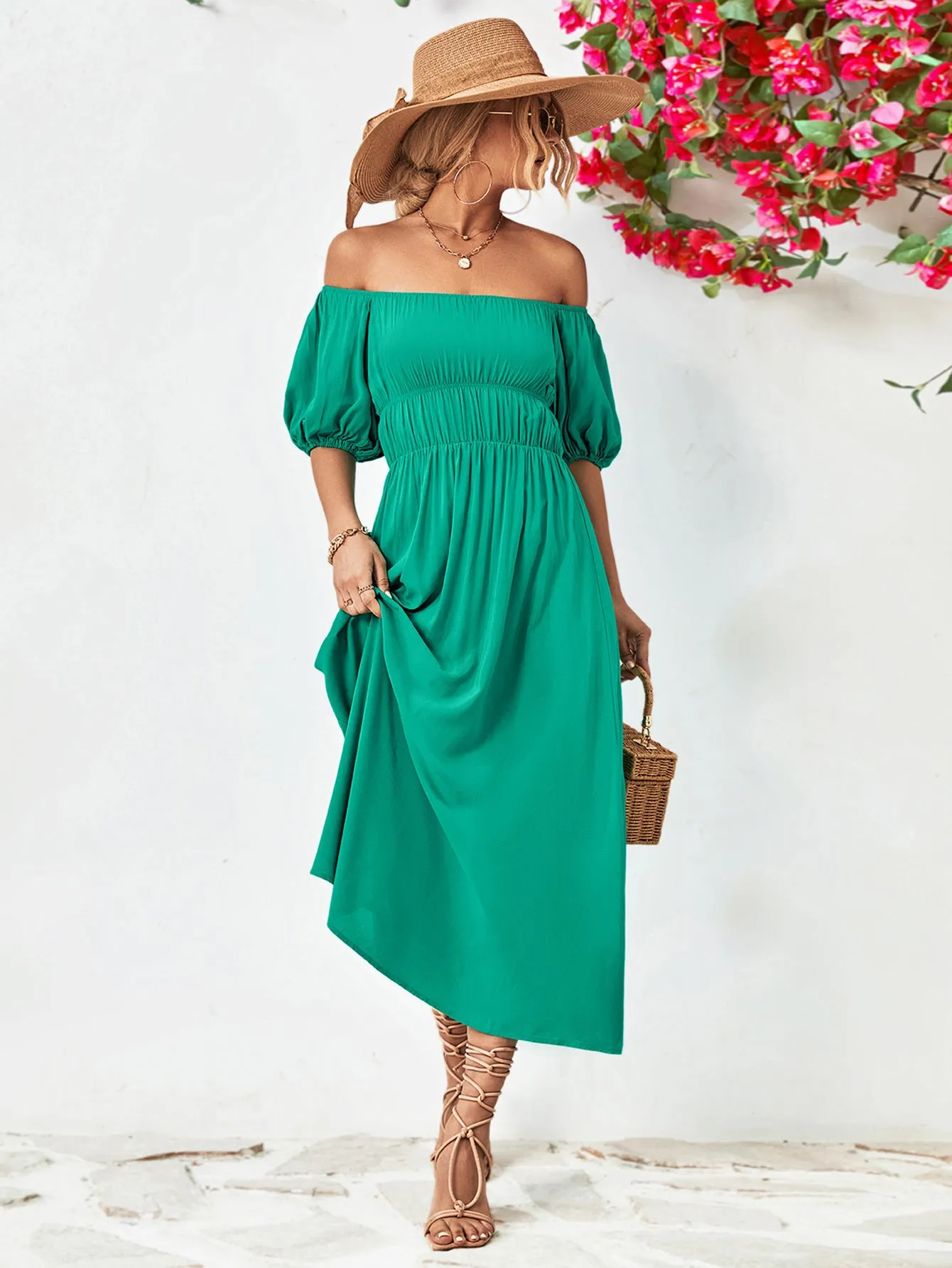 Off-Shoulder Balloon Sleeve Midi Dress - colors