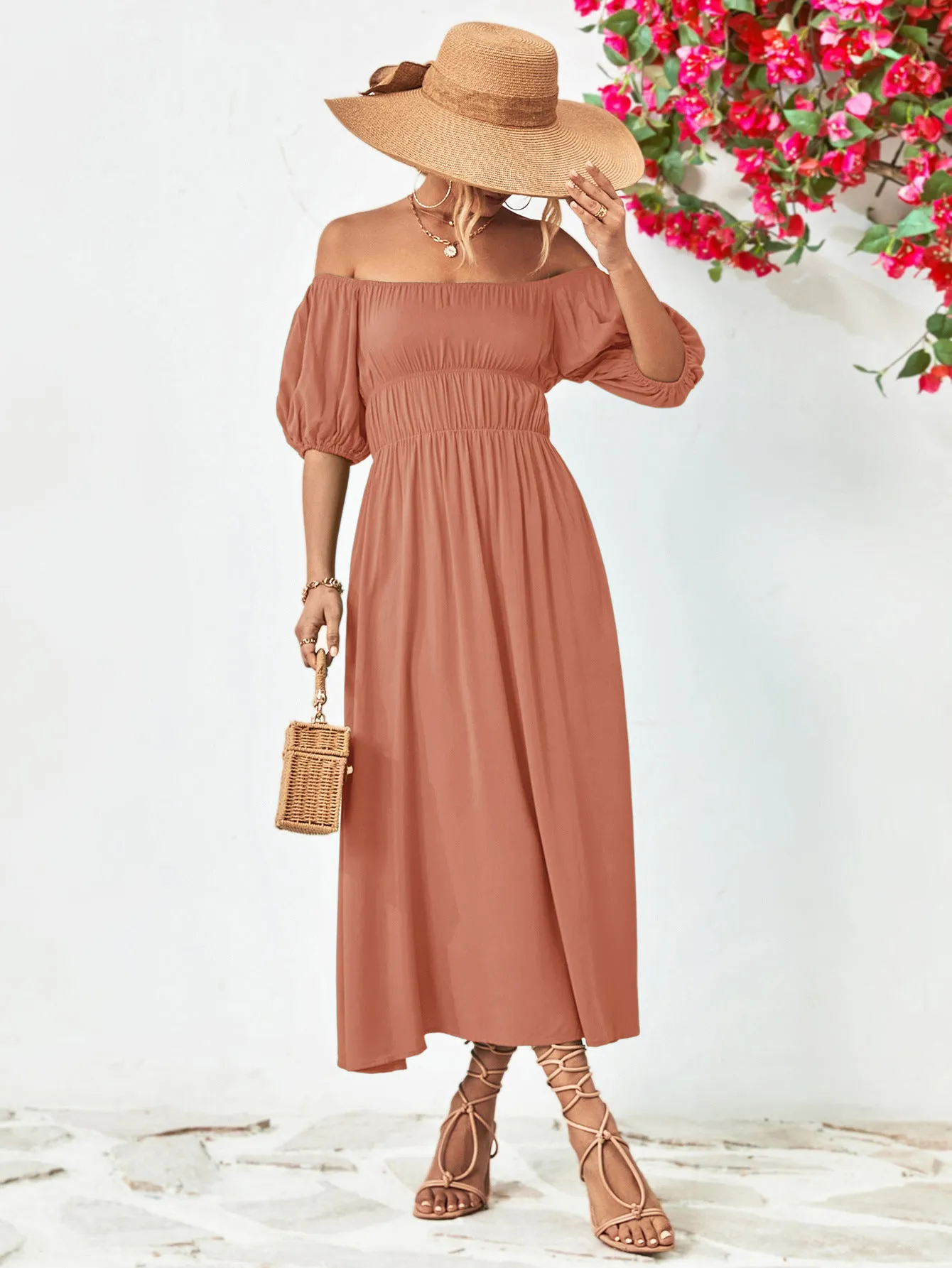 Off-Shoulder Balloon Sleeve Midi Dress - colors