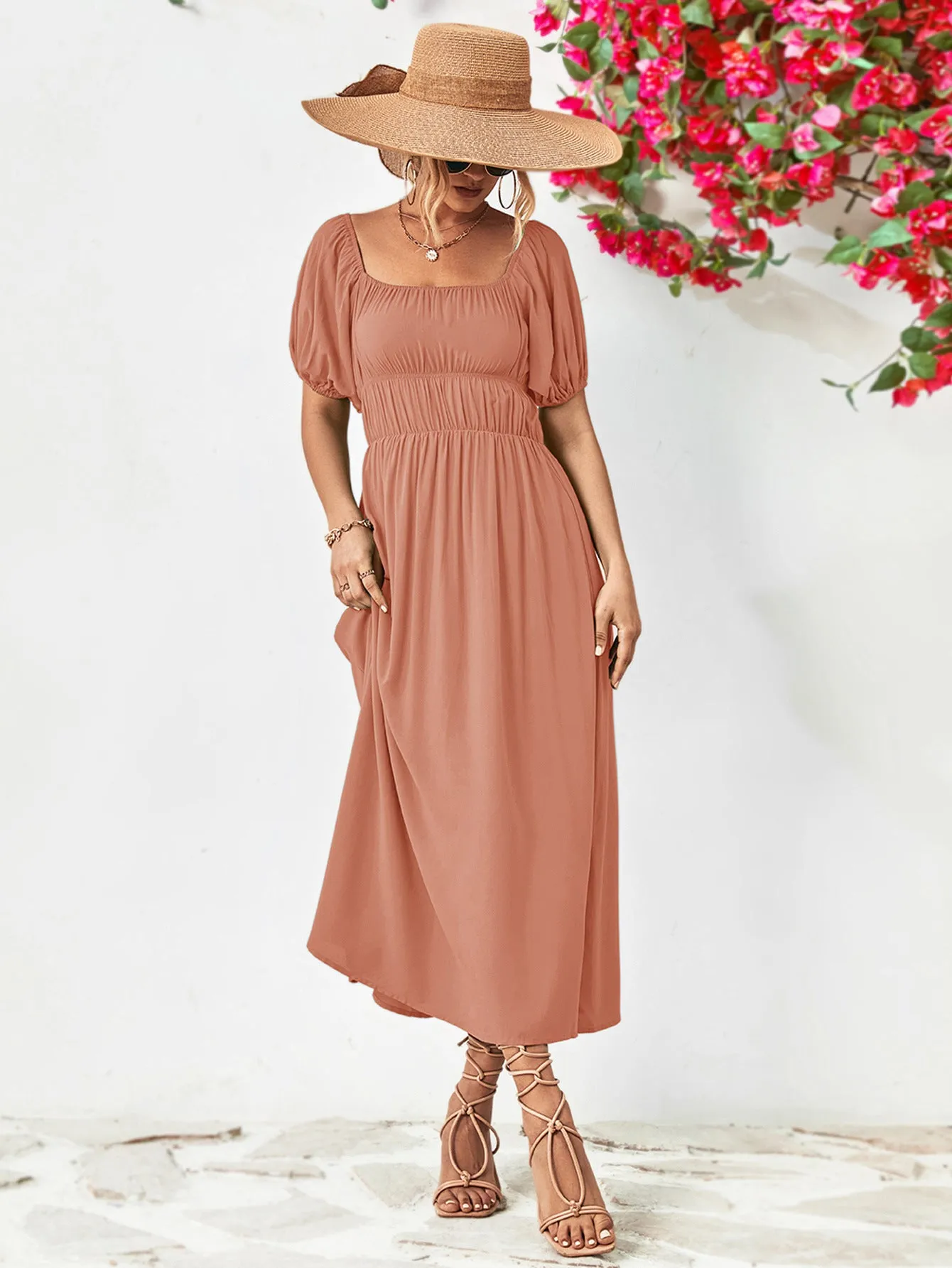 Off-Shoulder Balloon Sleeve Midi Dress - colors