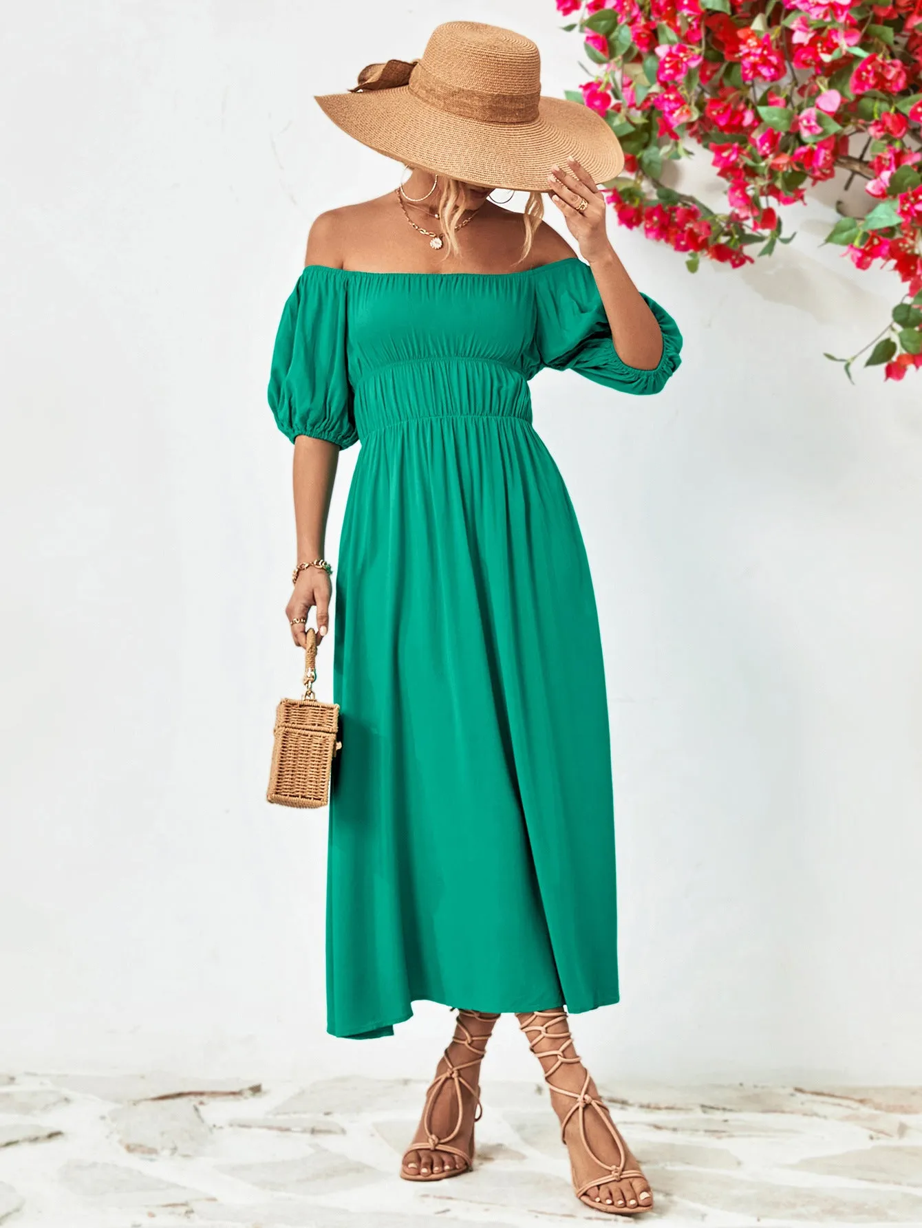 Off-Shoulder Balloon Sleeve Midi Dress - colors