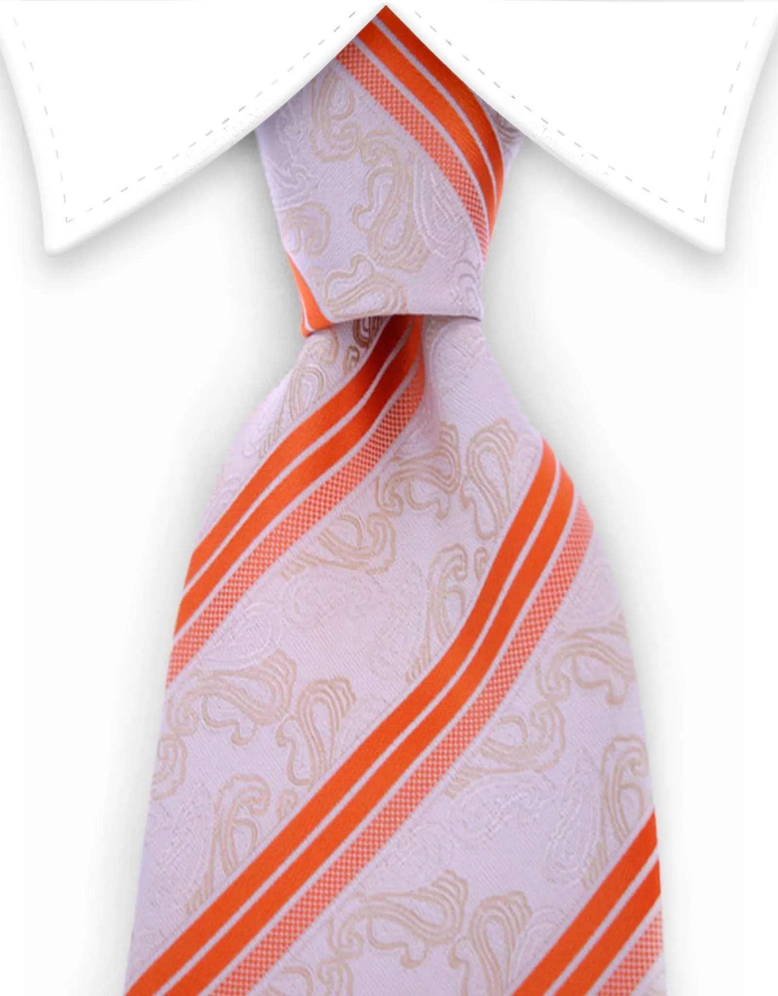 Orange Striped Tie with Golden Cream Paisley Pattern