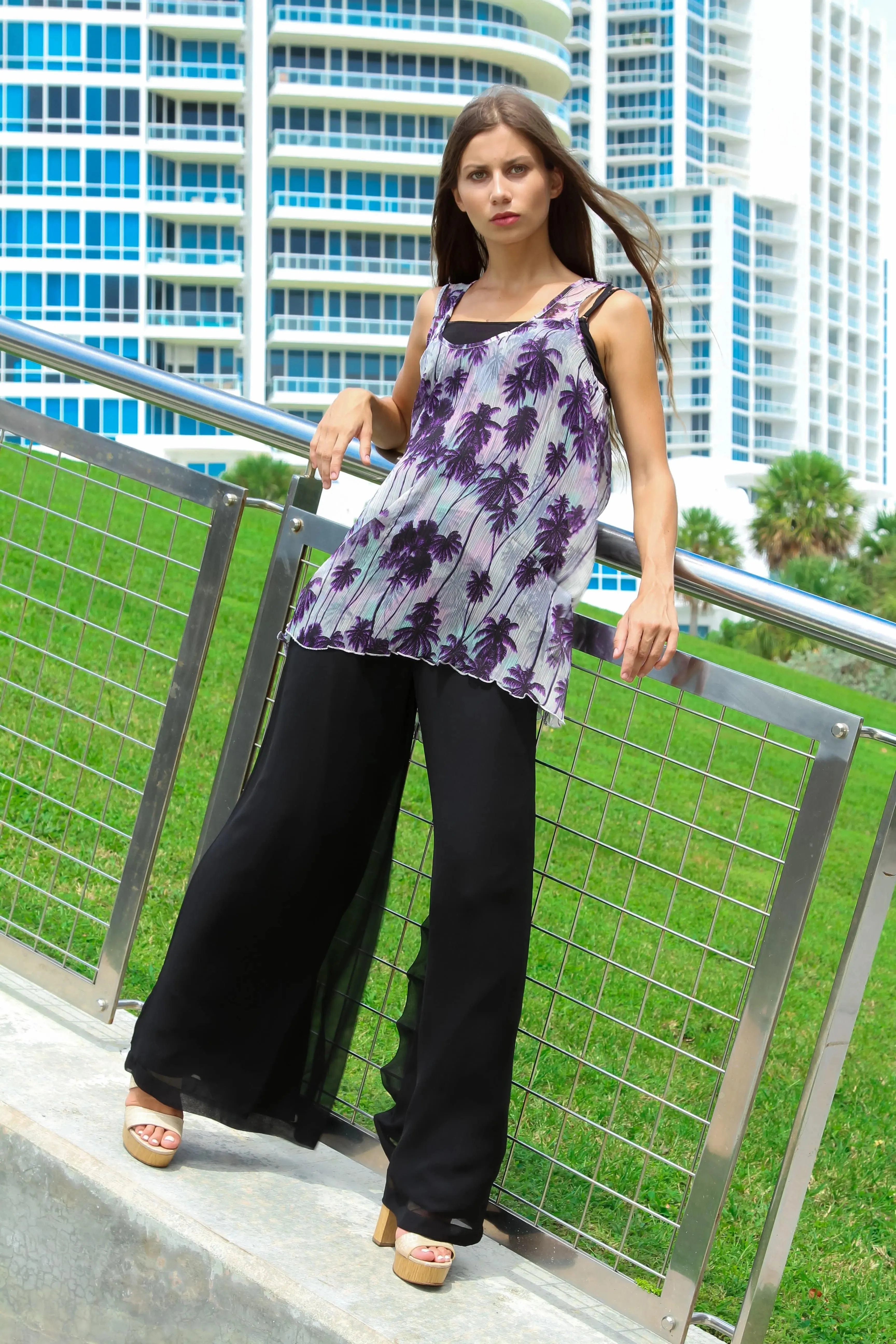 Palm Print Bias Cut Chiffon Tops | La Moda Apparel Wholesale