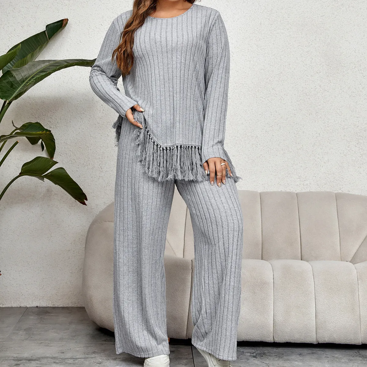 Plus Size Irregular Asymmetric Tassel Long Sleeved Top Loose Wide Leg Pants Suit