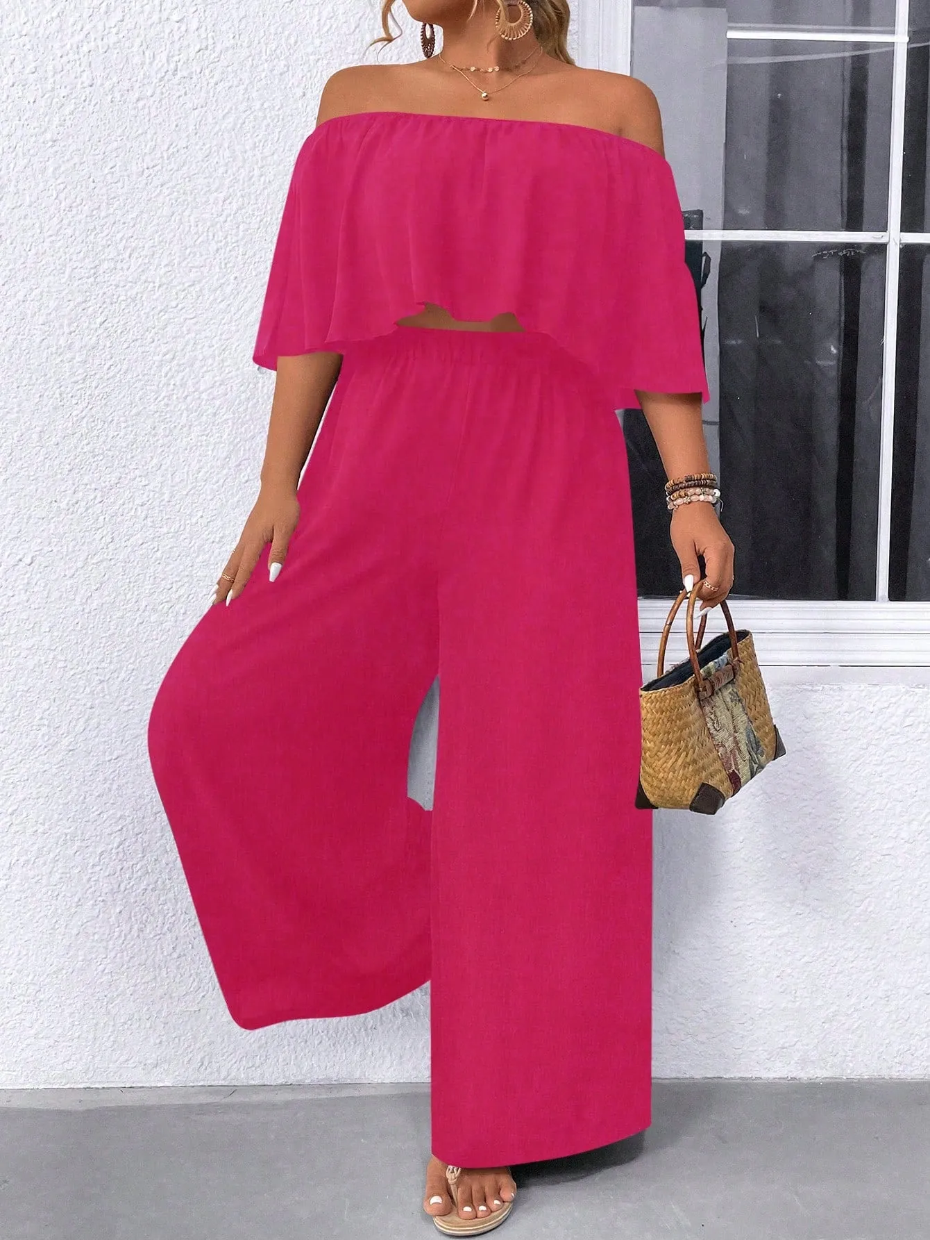 Plus Size Off Shoulder Ruffle Top And Wide Leg Pants Two Piece Set