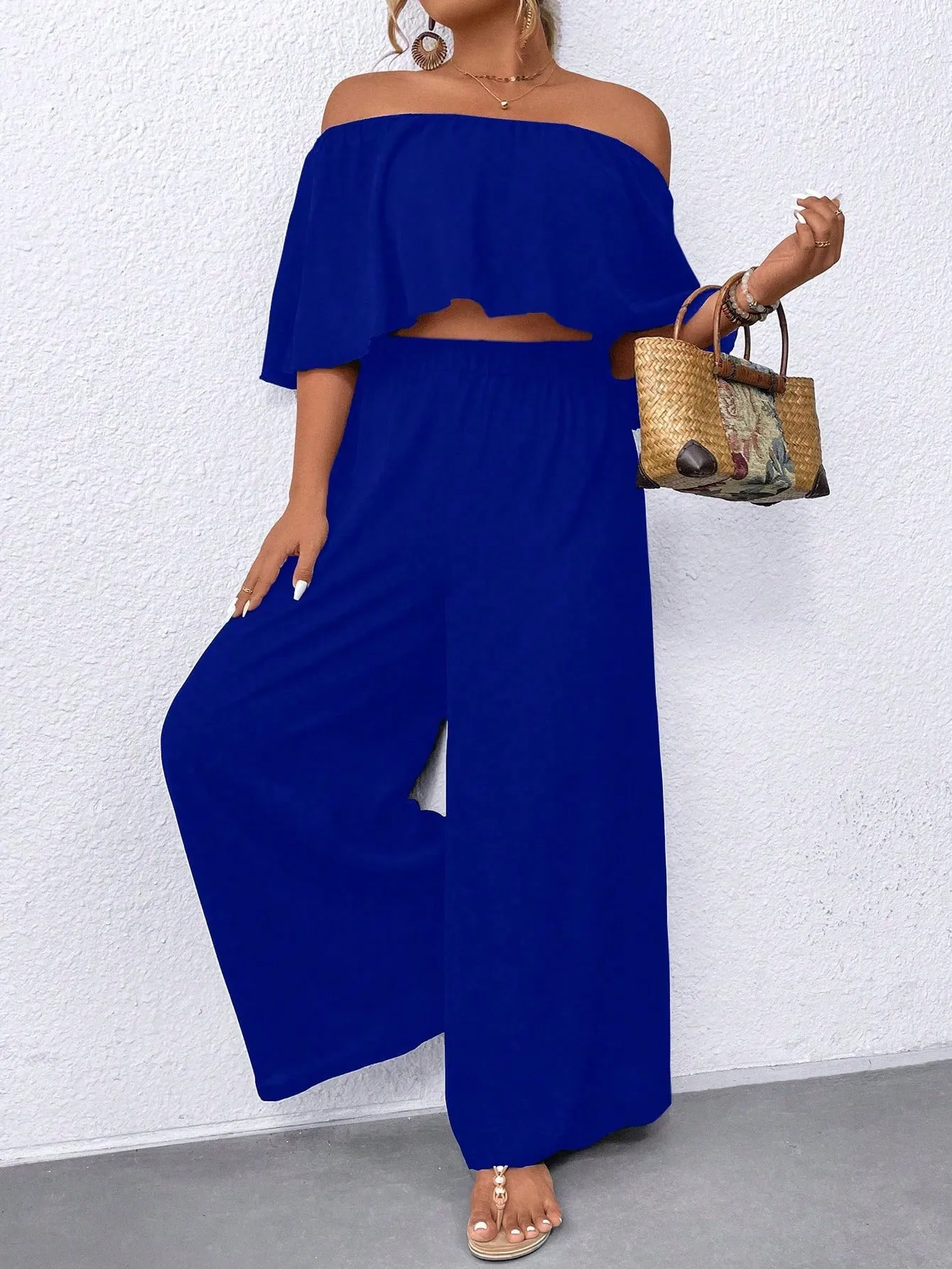 Plus Size Off Shoulder Ruffle Top And Wide Leg Pants Two Piece Set