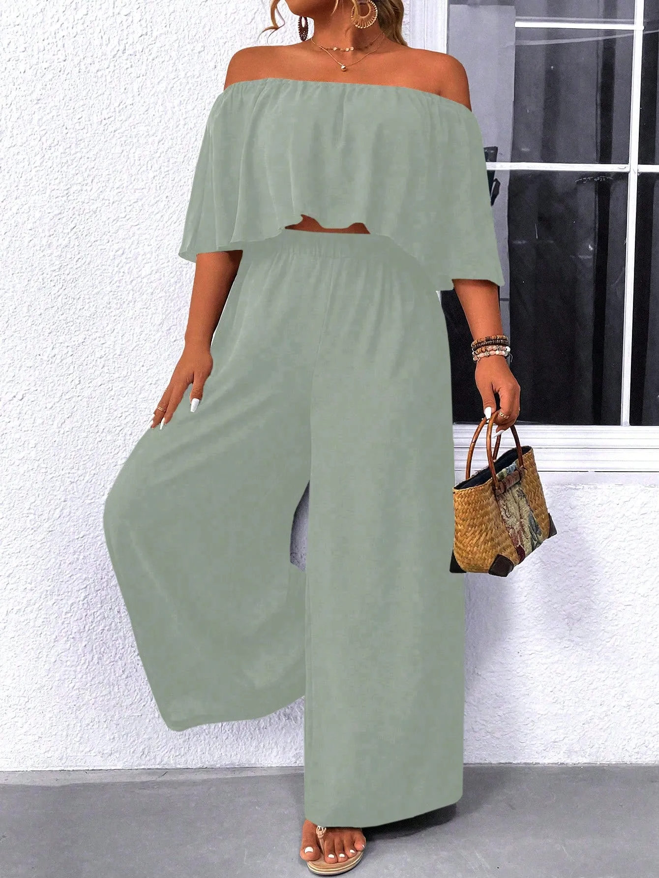 Plus Size Off Shoulder Ruffle Top And Wide Leg Pants Two Piece Set