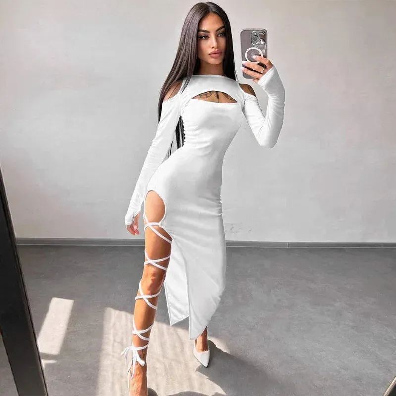 Ribbed Hollow Long Sleeve Off Shoulder Tie Up Midi Dress