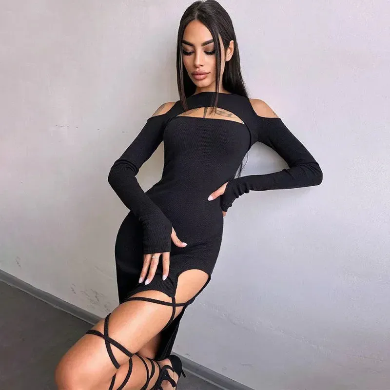 Ribbed Hollow Long Sleeve Off Shoulder Tie Up Midi Dress