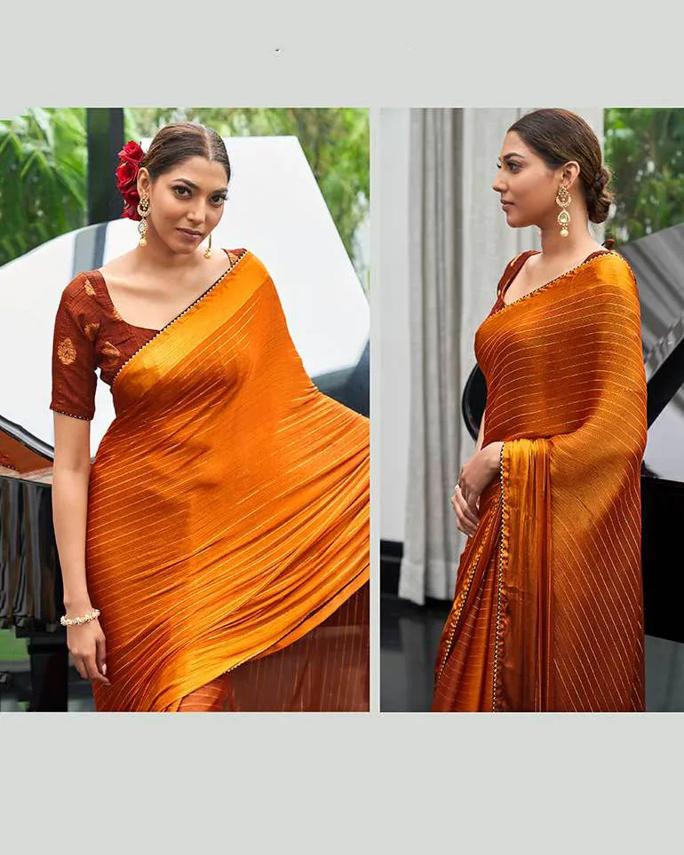 Satin Chiffon Designer Orange Saree with Lace Border for Women