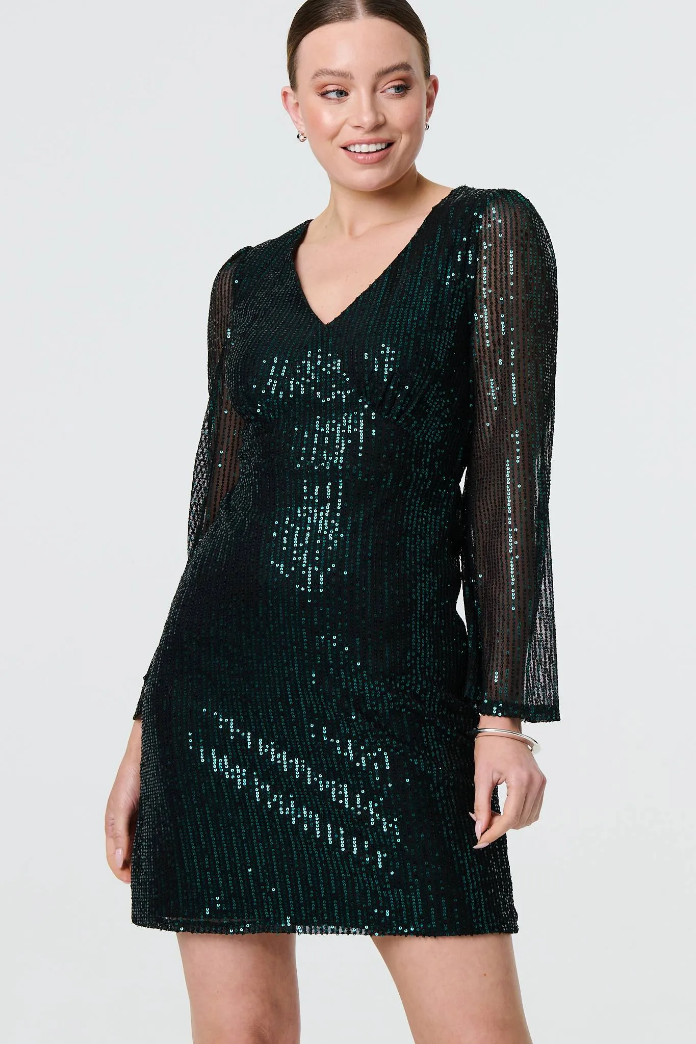 Sequin Semi Sheer Long Sleeve Mini Dress