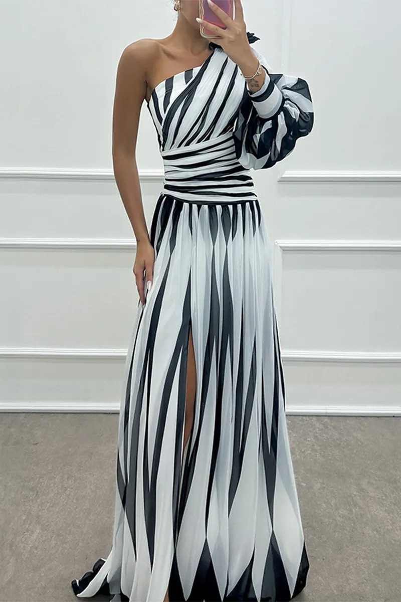 Sexy Prom Striped Print Slit Irregular Sloping Shoulder Evening Dresses(4 Colors)