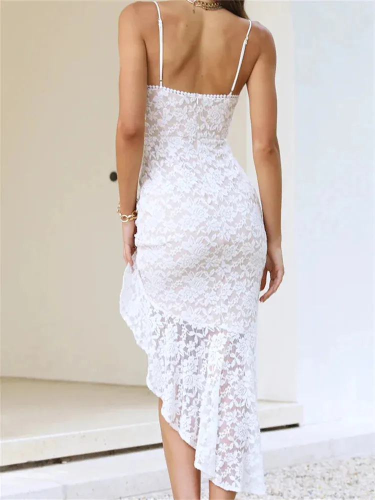 Sexy Side Split Lace V-Neck Sleeveless Summer Irregular Hem Midi Dress