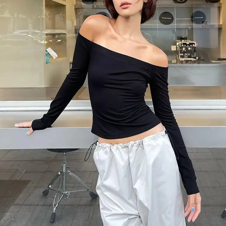 Solid Slash Neck Long Sleeve Korean Fashion Slim Sexy Off Shoulder Crop Black Top