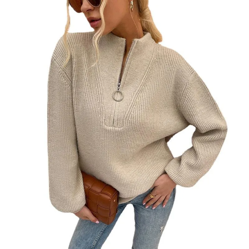 V-neck sweater with zipper lantern sleeves sweater