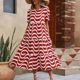 Wave Stripe Short Bubble Sleeves Skinny O-neck High Waist Midi Dress