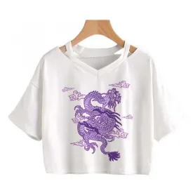 White Woman T-shirts Harajuku Dragon Kpop Ropa Y2k Crop Tops Aesthetic Vintage Femme V-neck Tops Korean Punk Streetwear Gothic Tee