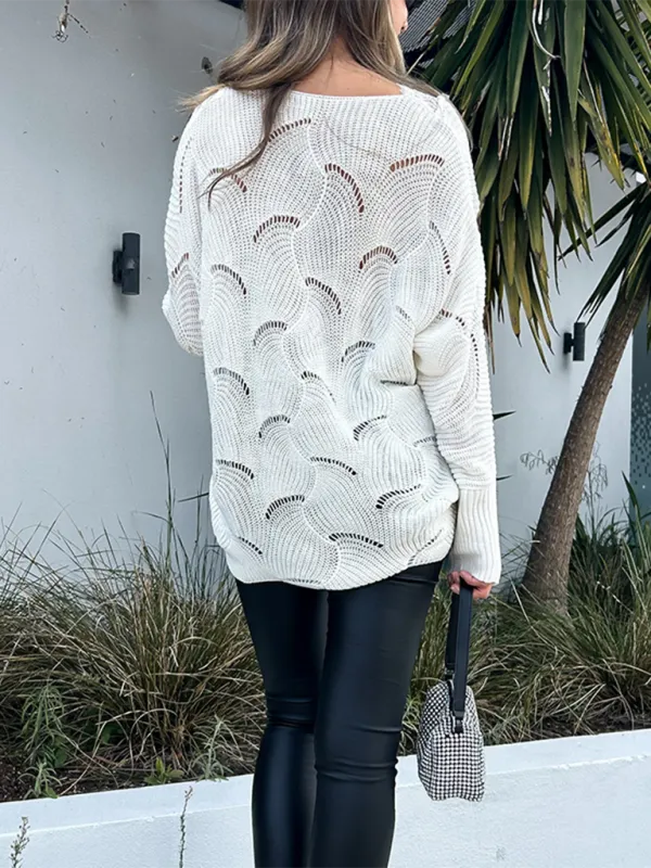 Women's lace stitching mid-length white sweater