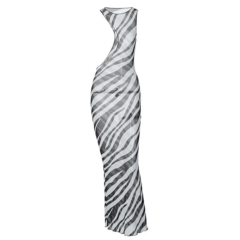 Zebra Print Transparent Striped Mesh Maxi Dress for Women - 2024 Summer Vacation Cut Out